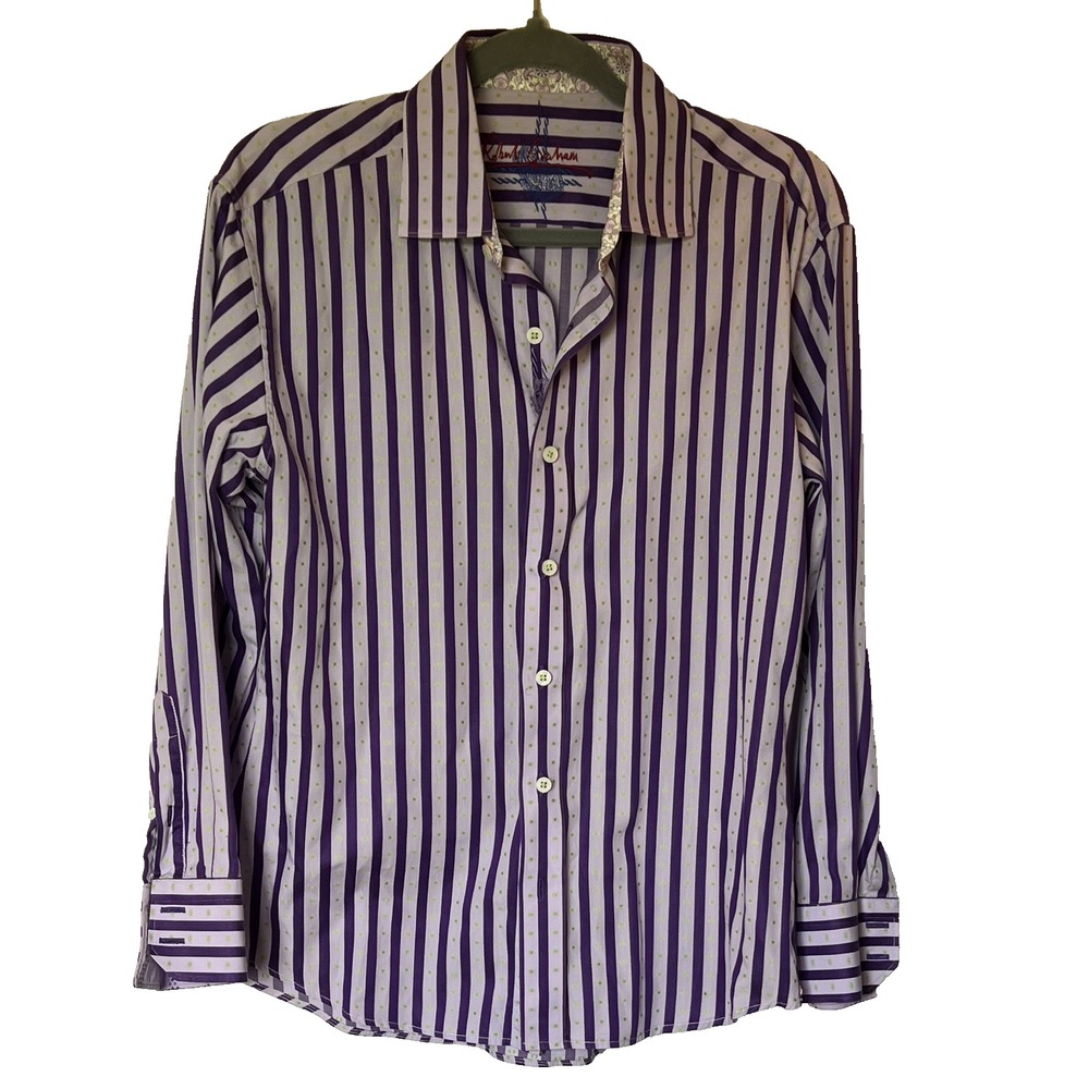 Robert Graham Shirt Medium Purple Green Stripe Polka Dot Flip Cuff Button Down